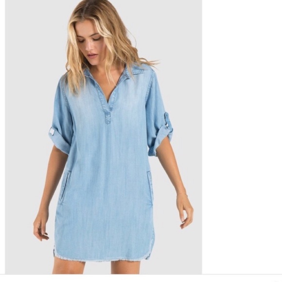 Light wash denim looking apron flare dress with big front pockets button down - Picture 15 of 17